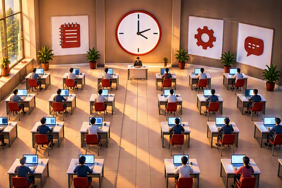 Illustration of an online assessment hall with laptops and icons representing aptitude, technical and HR rounds