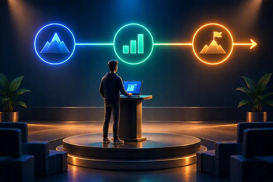Software engineer presenting a three-part career timeline of past, present and future on a small stage