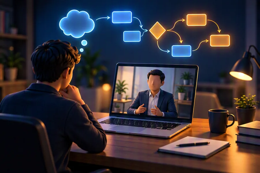 A coding interview candidate whose reasoning flows out as connected thought bubbles toward the interviewer