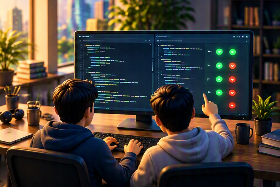 Illustration of two developers pair programming with test results lights in the background