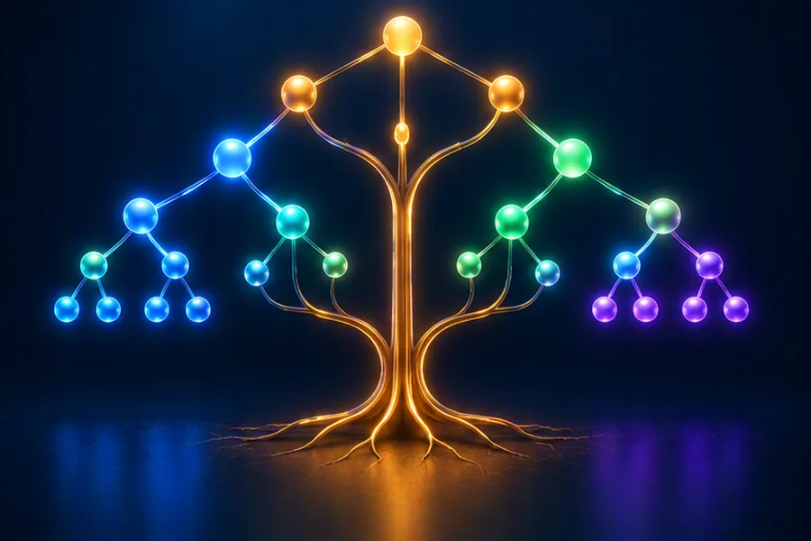 Illustration of a prefix tree with shared branches and highlighted word-ending nodes