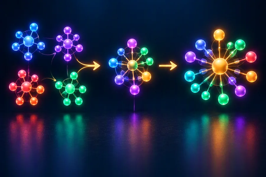 Illustration of clusters of beads merging into sets, each with a single representative