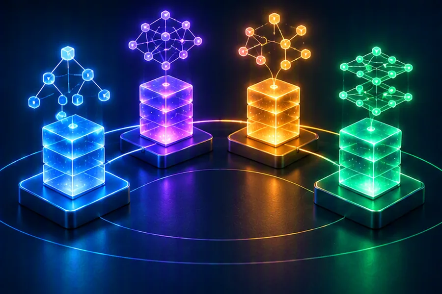 Illustration of four vector database towers with layered graph and cluster structures of points