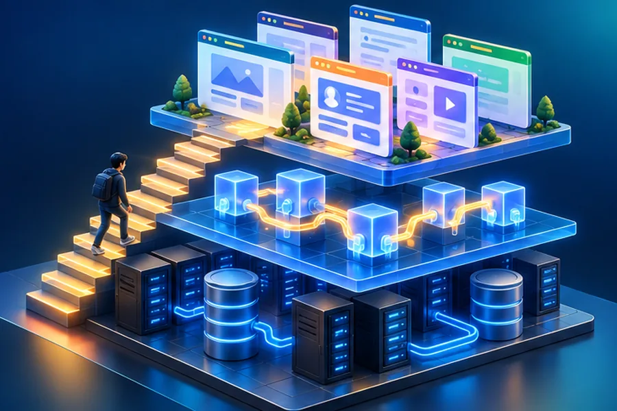 Isometric layers of web development from databases to APIs to browser interfaces