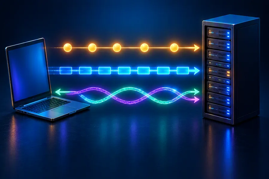 Illustration of three real-time communication channels between client and server: polling, one-way stream and two-way connection