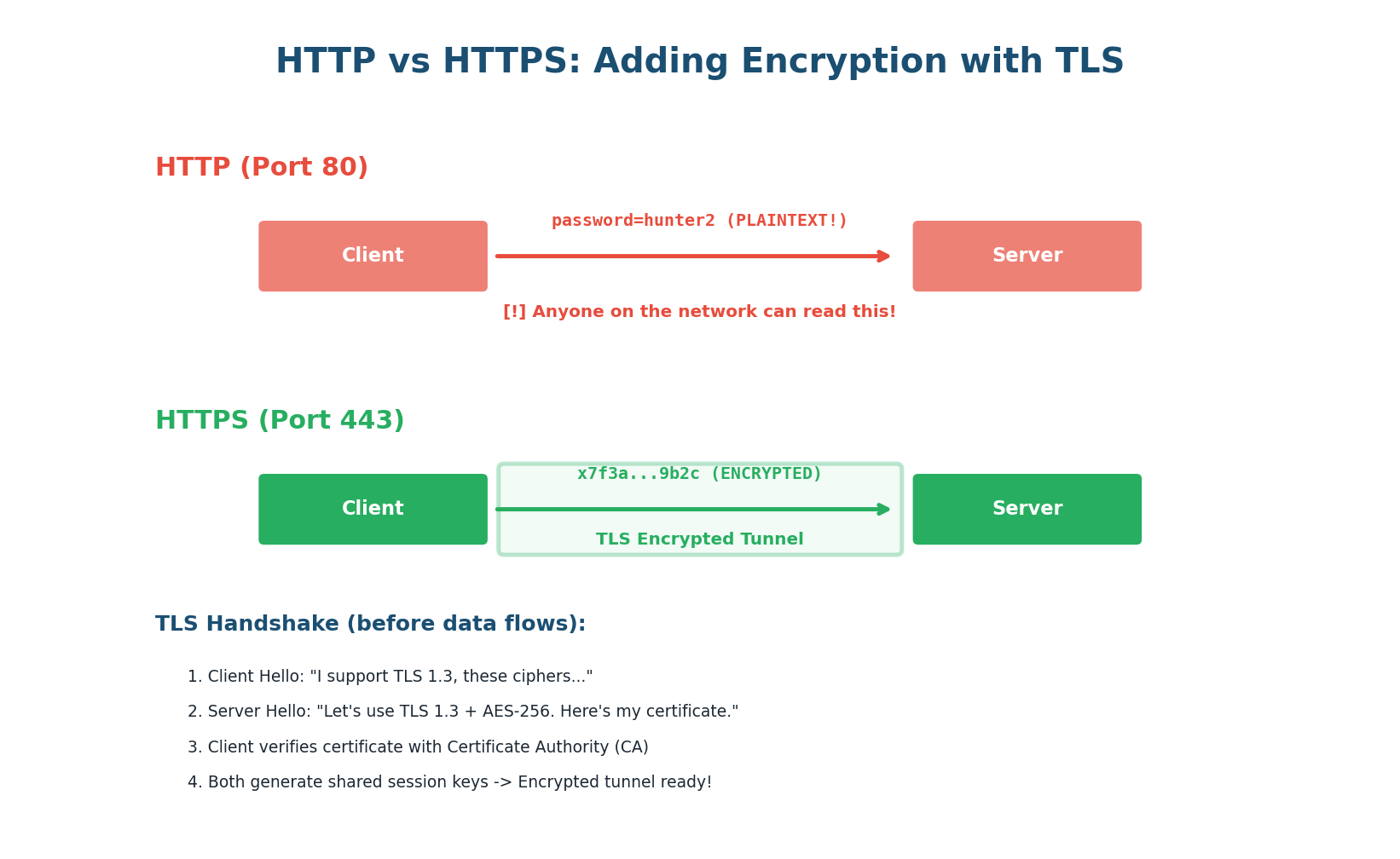 HTTP vs HTTPS — plaintext vs TLS encryption