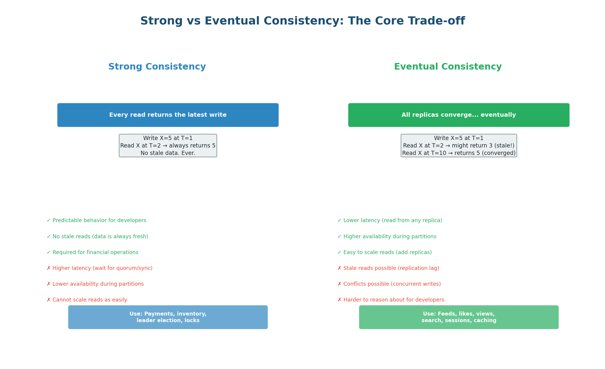 Strong consistency vs eventual consistency — every read equals latest write (higher latency, less available) vs replicas converge over time (lower latency, more available)